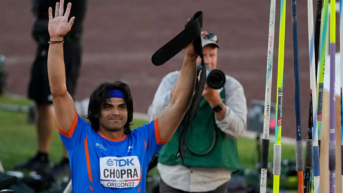 Neeraj Chopra in action during javelin throw final at World Athletics Championships 2022. 