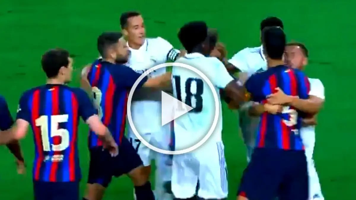 Real Madrid and Barcelona players fight during their pre-season El Clasico in Las Vegas. Watch video