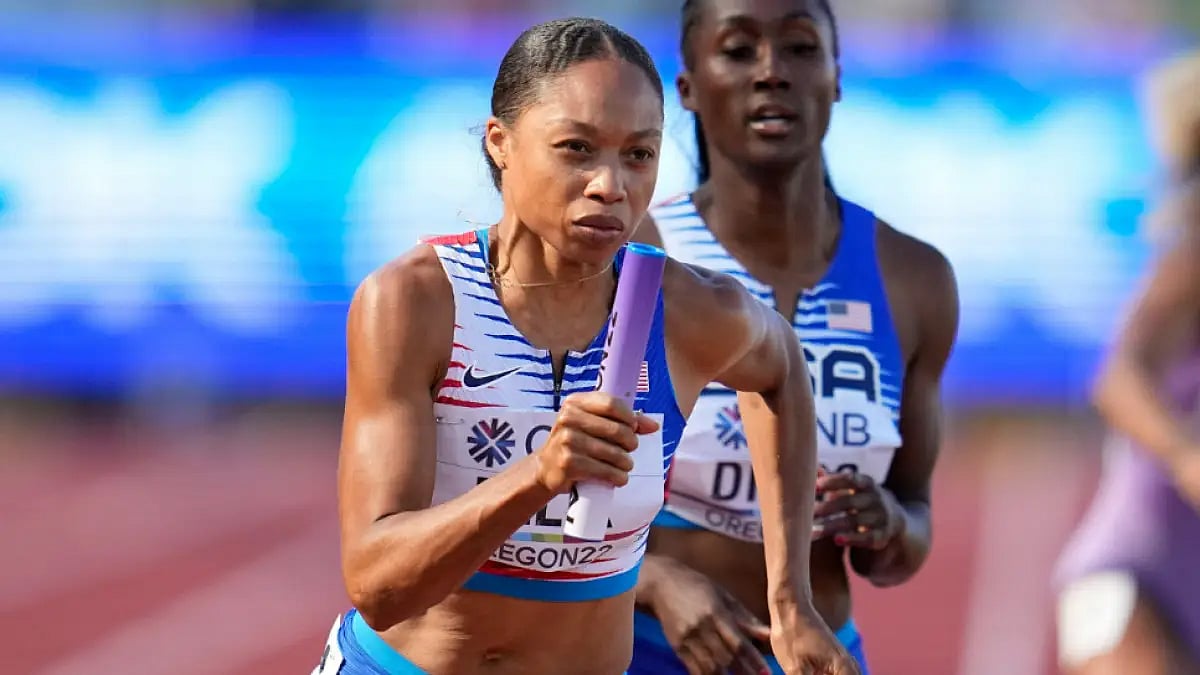 Allyson Felix competes in 4x400m relay heats at World Athletics Championships 2022 on Saturday.