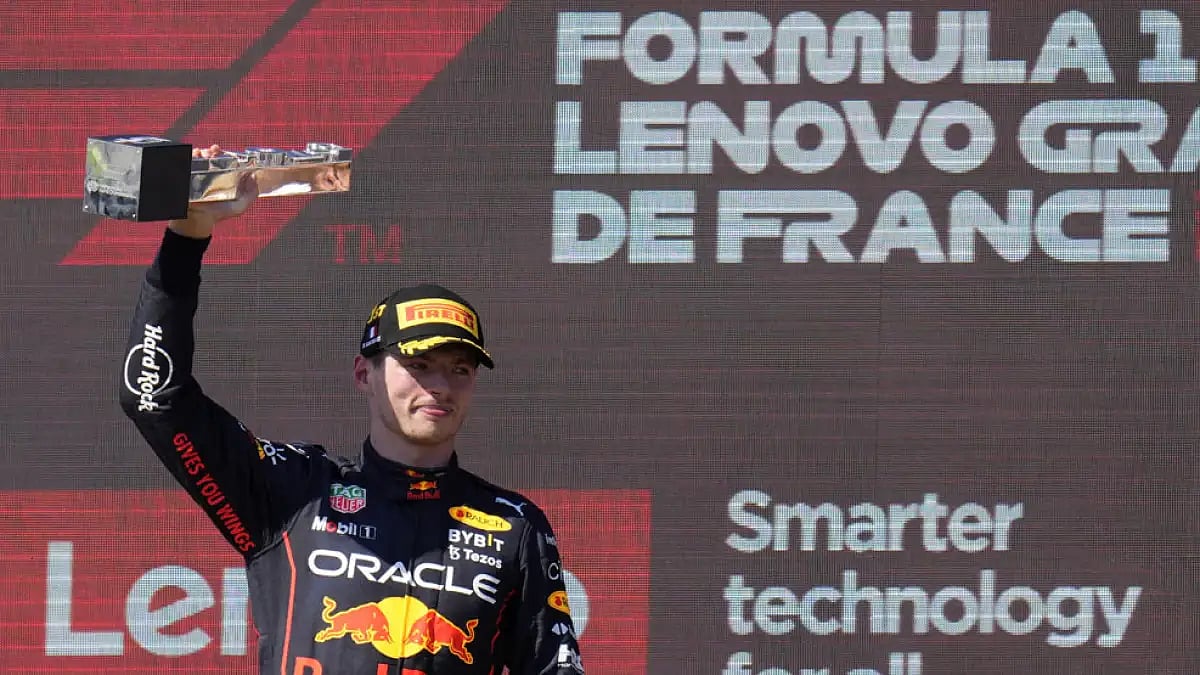 F1 driver Max Verstappen on the podium after winning the French Grand Prix, July 24, 2022.