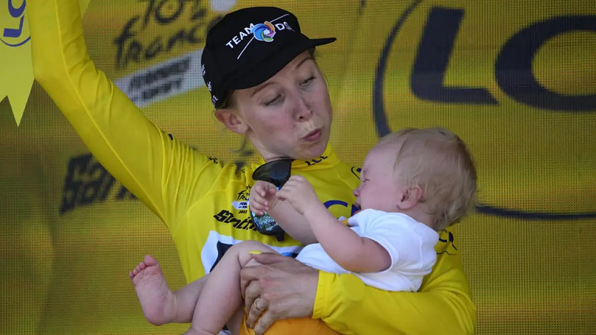 Netherland's Lorena Wiebes celebrates on the podium after winning Stage 1 of the Tour de France Femmes 2022.