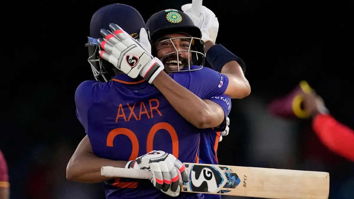 Axar Patel and Mohammed Siraj celebrates after India's win over West Indies in the second ODI. 