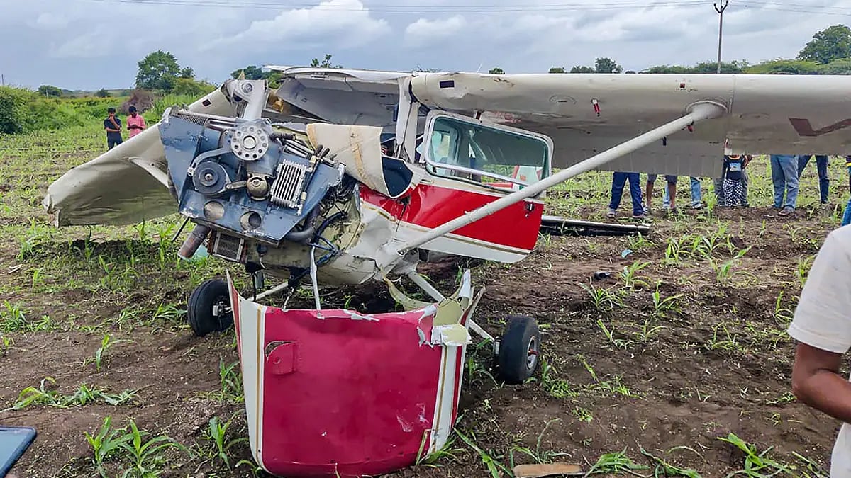 Wreckage of the single-seater trainer aircraft after it crashed at Indapur in Pune district. 