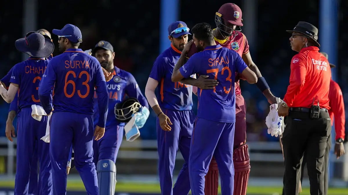 India and West Indies cricketers after the end of 3rd ODI match in Port of Spain.