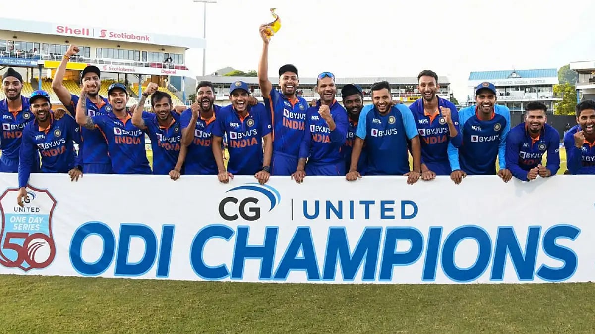 Indian cricketers celebrate after their ODI series win against the West Indies.