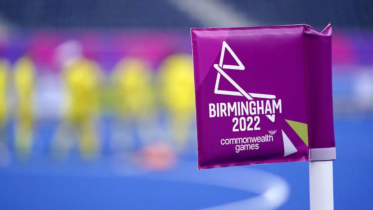 A Birmingham 2022 branded flag is seen at the University of Birmingham Hockey and Squash Centre.