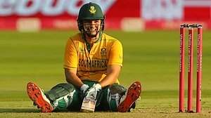 Rilee Rossouw smiles during his unbeaten knock against England in the second T20.