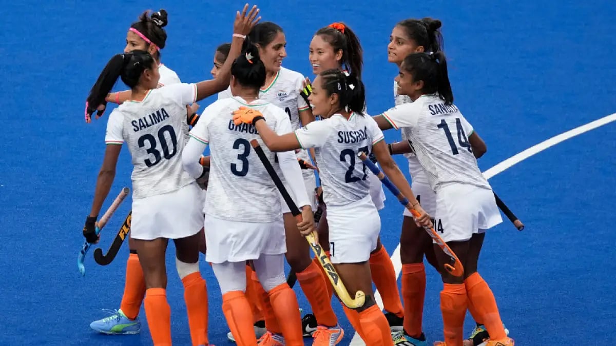 The Indian players celebrate a goal against Wales during their Pool A match at CWG 2022.  
