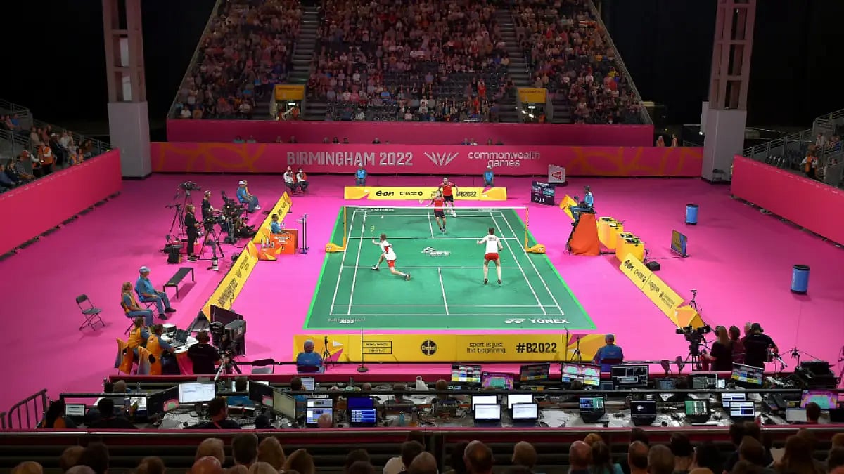 General view of court 1 during a mixed doubles badminton match at Commonwealth Games 2022.