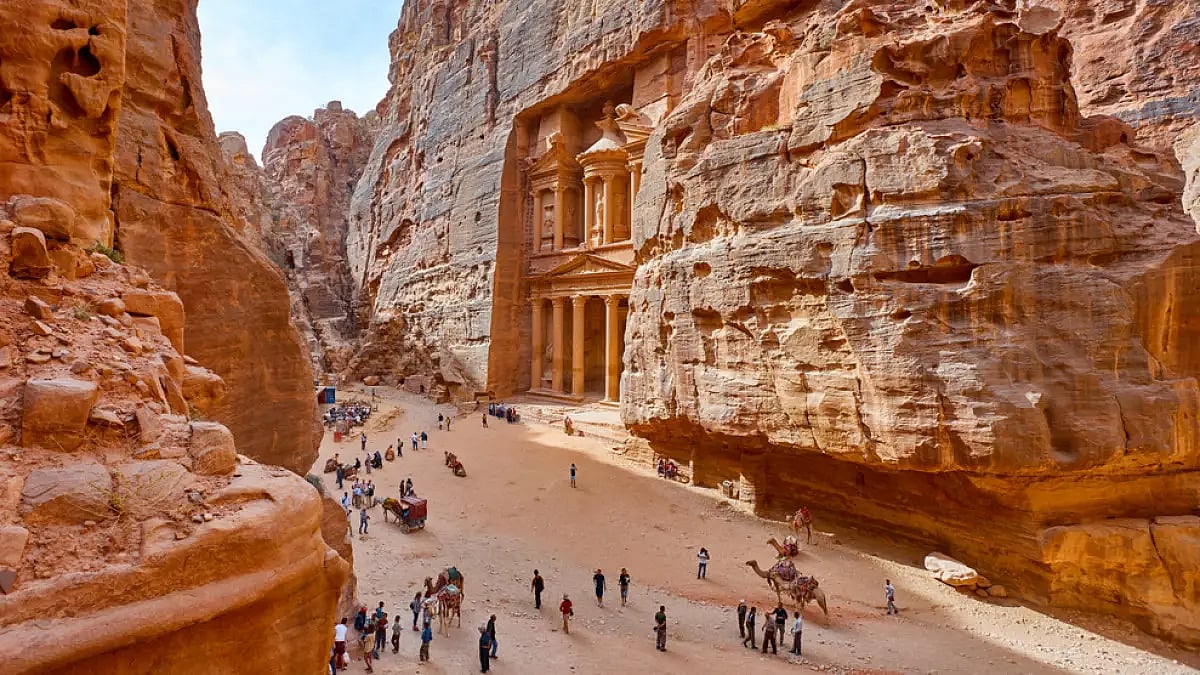 The temple-mausoleum of Al Khazneh in the ancient city of Petra in Jordan