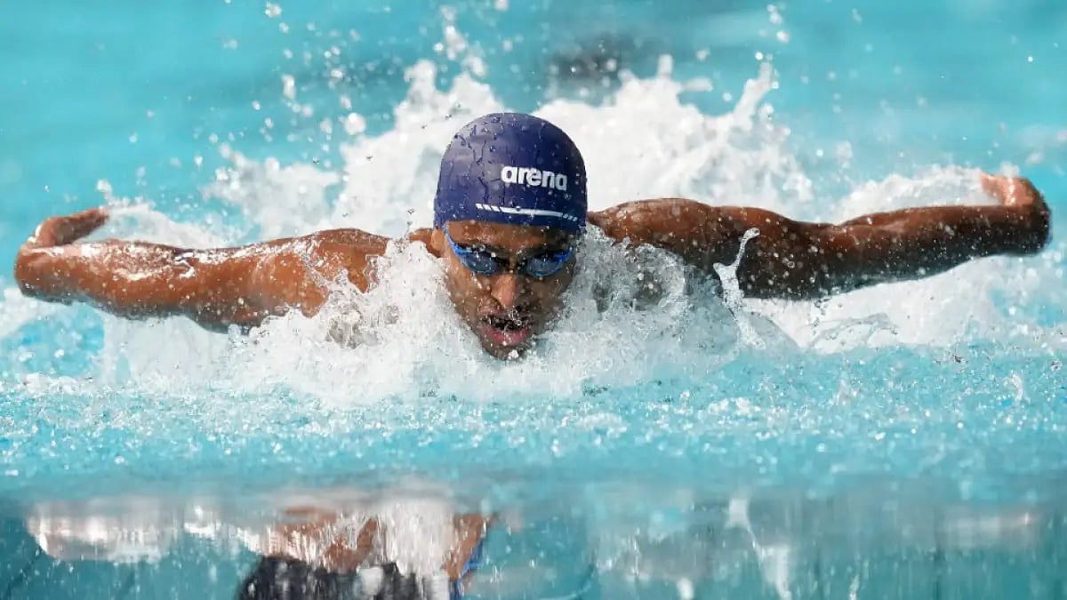 Sajan Prakash of India competes in men's 100m butterfly semifinal at Commonwealth Games 2022.
