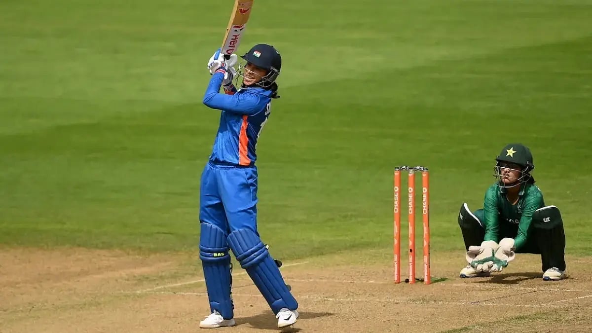 Smriti Mandhana hits a six against Pakistan in a CWG 2022 group game.