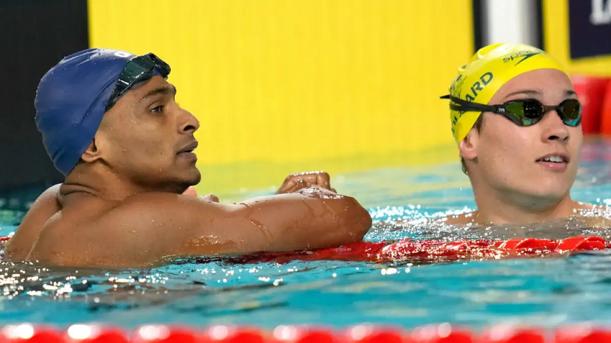 Sajan Prakash and Kieren Pollard (R) during men's 200m butterfly event at CWG 2022.