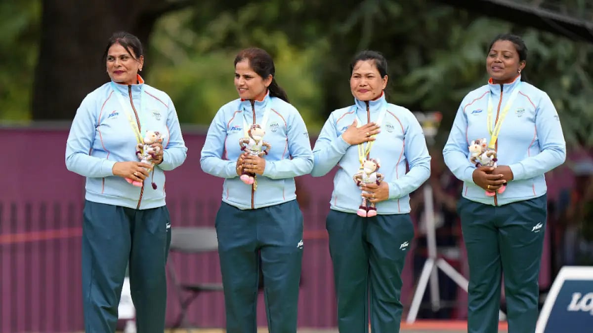 (From L) Lovely Choubey, Pinki, Nayanmoni Saikia and Rupa Rani Tirkey celebrate at CWG 2022. 