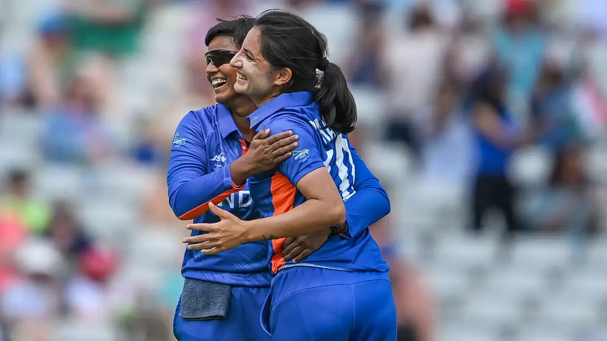 Renuka Singh (R) celebrates a fall of a Barbados wicket during their CWG 2022 cricket match. 