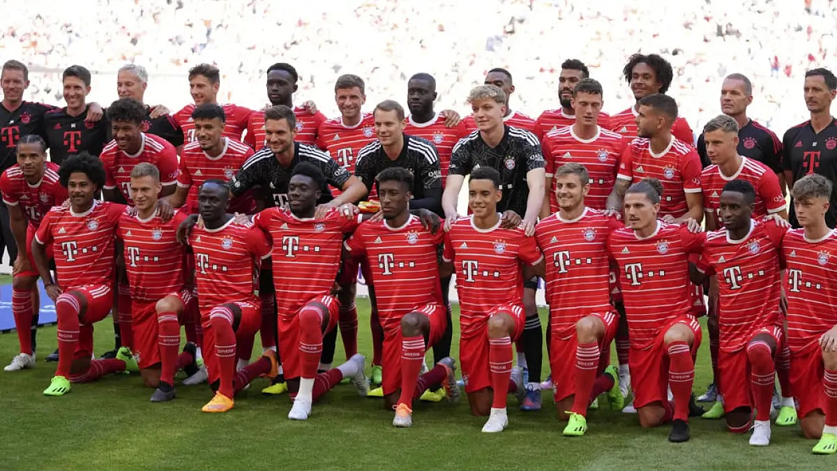 Bayern Munich players pose for a team photo during the team presentation.