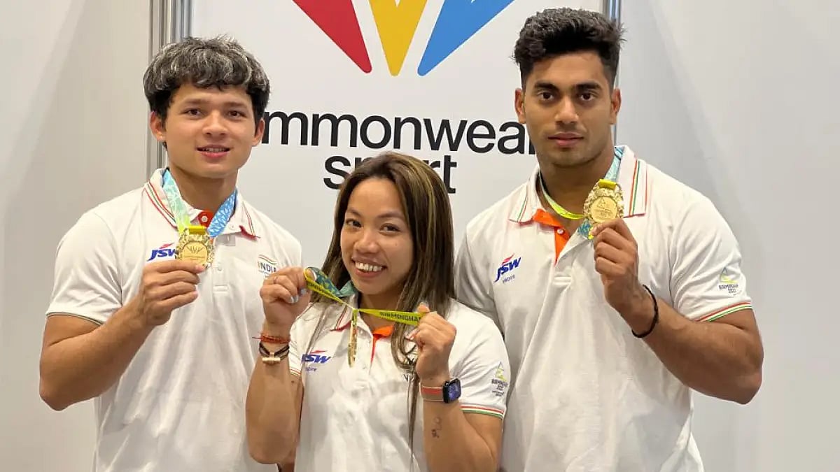 The golden trio of Jeremy Lalrinnunga, Saikhom Mirabai Chanu and Achinta Sheuli at CWG 2022. 