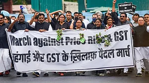 Congress leaders protest in New Delhi.