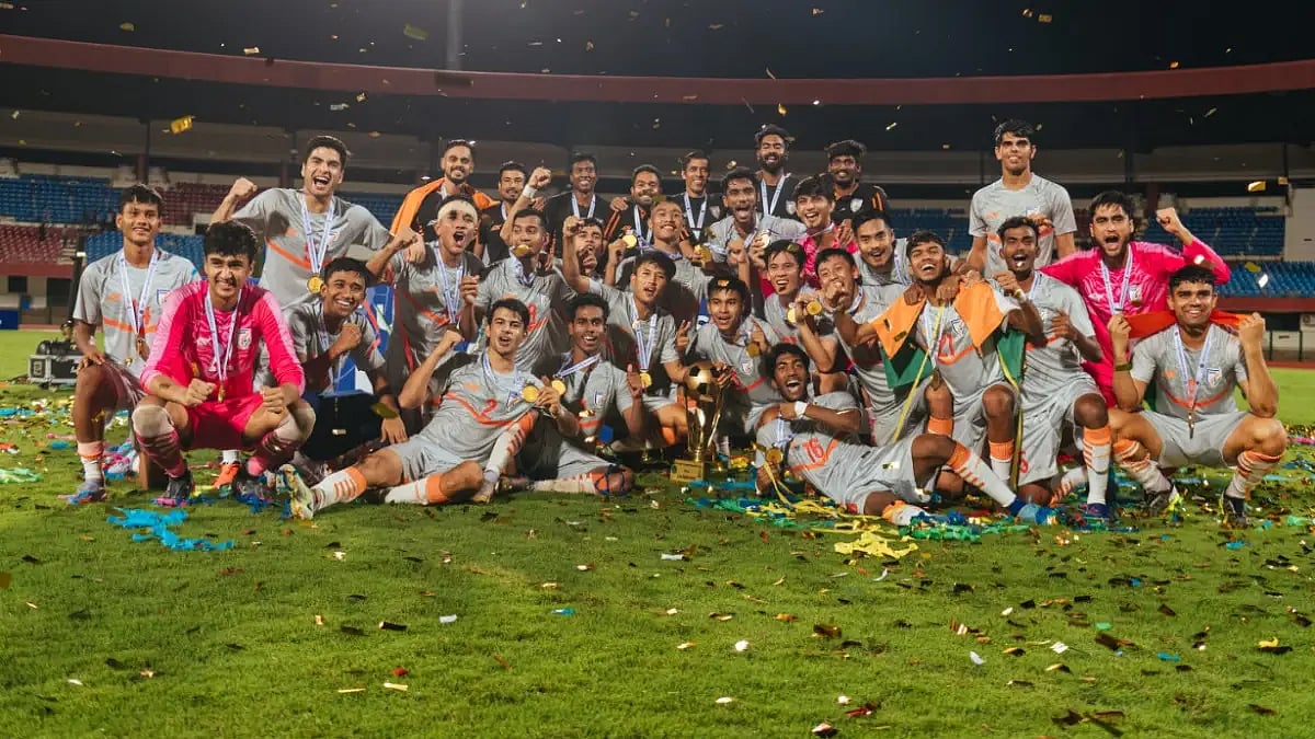 Indian players celebrate after winning SAFF U-20 Championship beating Bangladesh in final.  
