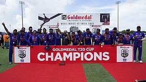 India players celebrate after beating West Indies in the fifth and final T20I.
