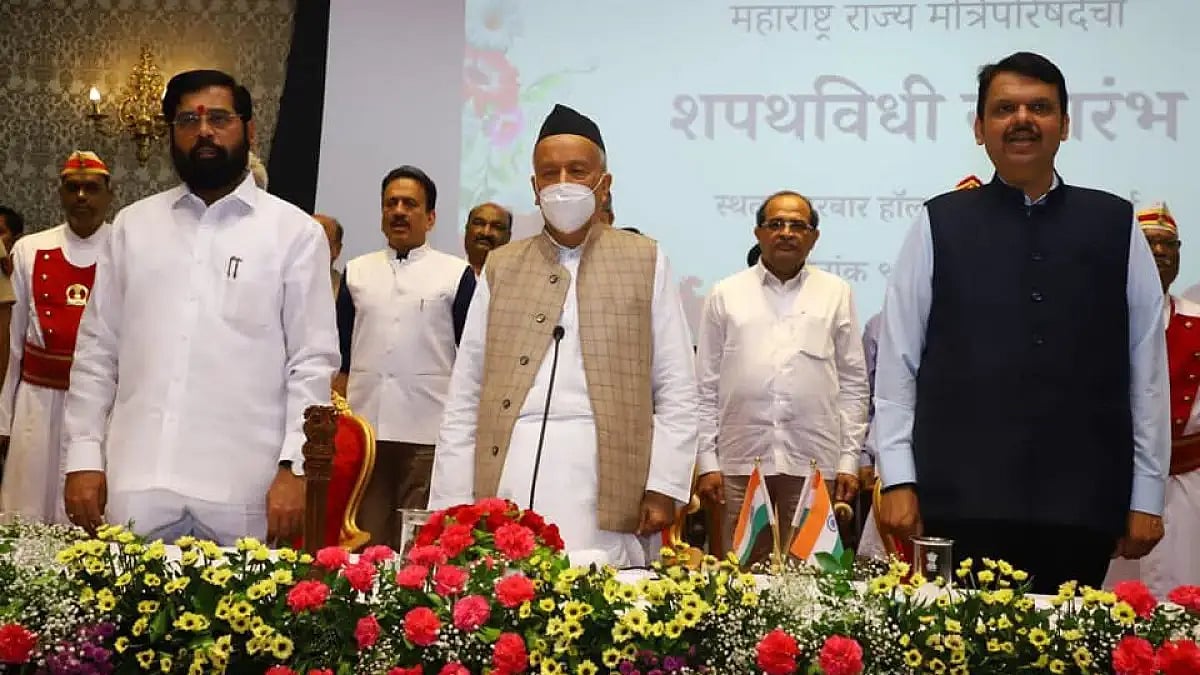 Eknath Shinde and Devendra Fadnavis at the swearing-in ceremony of Cabinet ministers 