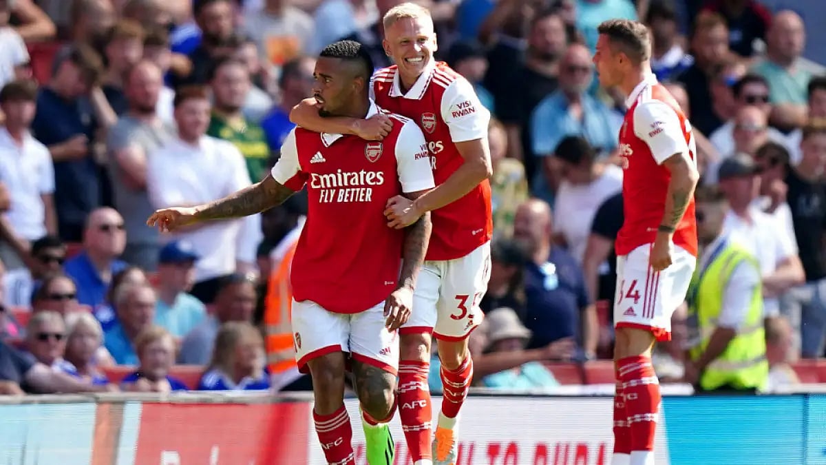 Arsenal's Gabriel Jesus celebrates after scoring against Leicester City in English Premier League.