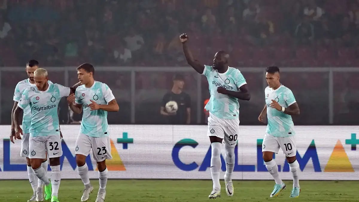Inter Milan's Romelu Lukaku, second right, celebrates a goal against Lecce.