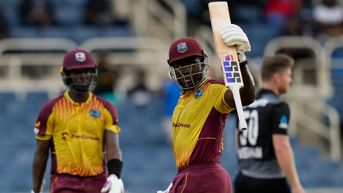 West Indies' Rovman Powell celebrates after defeating New Zealand in the third T20 at Sabina Park.