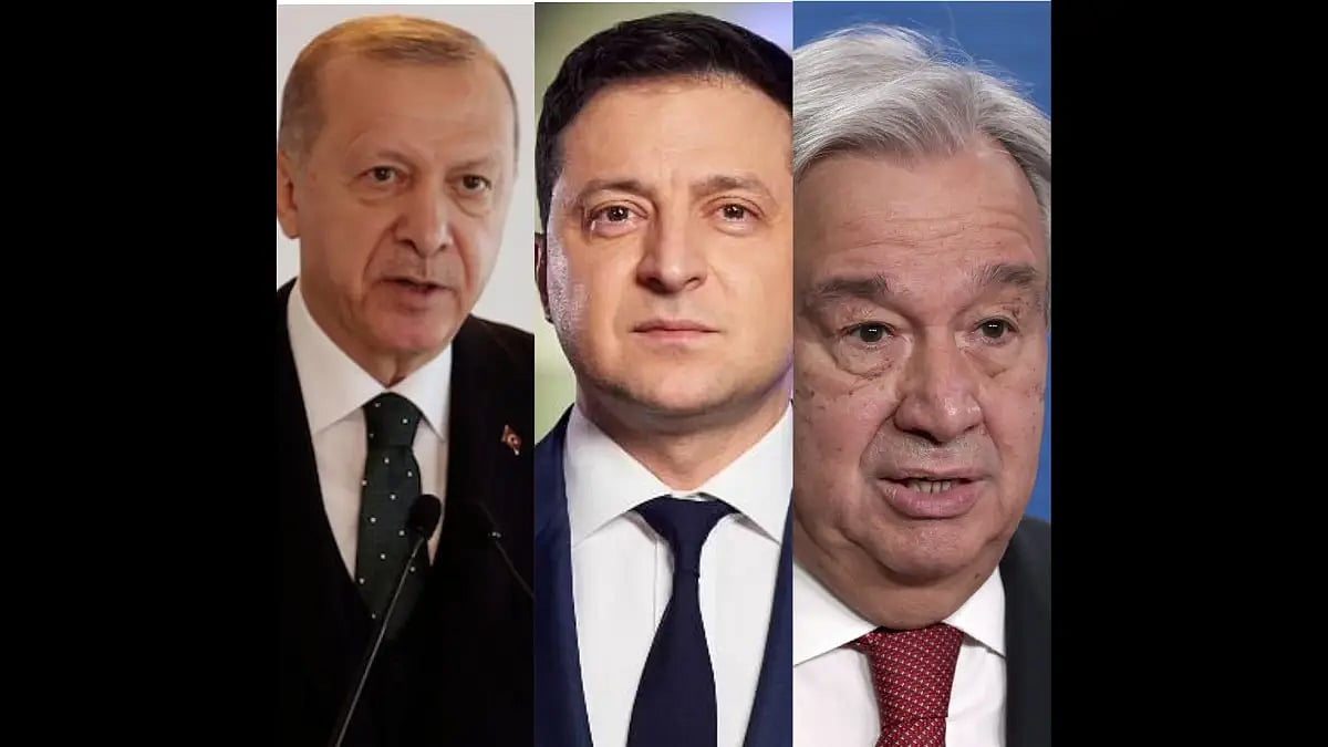 President Zelinskyy (centre), UN Secretary-General Antonio Guterres (right) and Turkish President Re