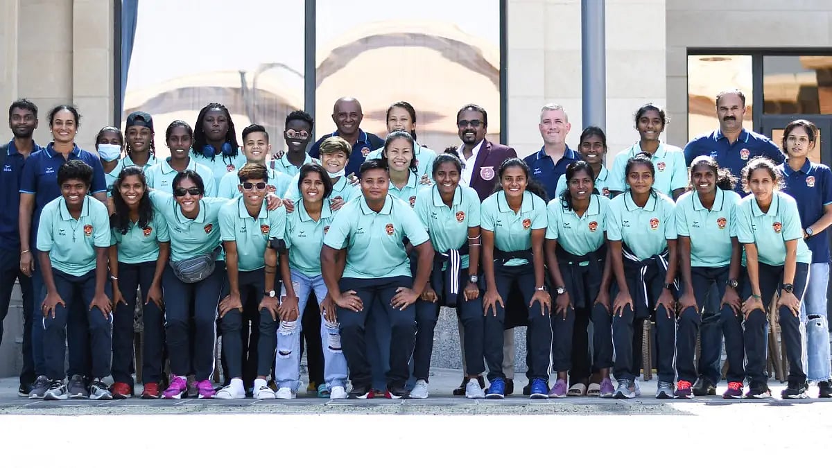 Gokulam Kerala women's football team upon their arrival in Uzbekistan.  