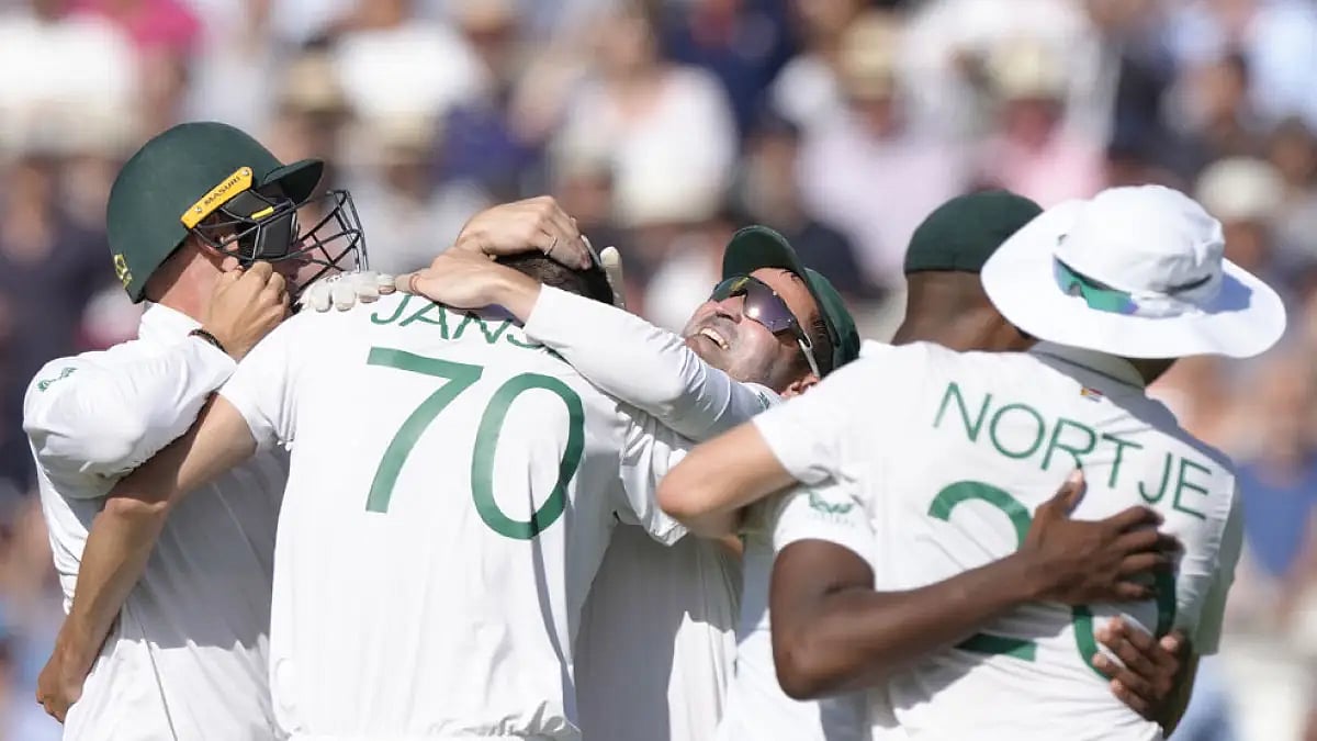 South Africa players celebrate after beating England in the first Test at Lord's, London.