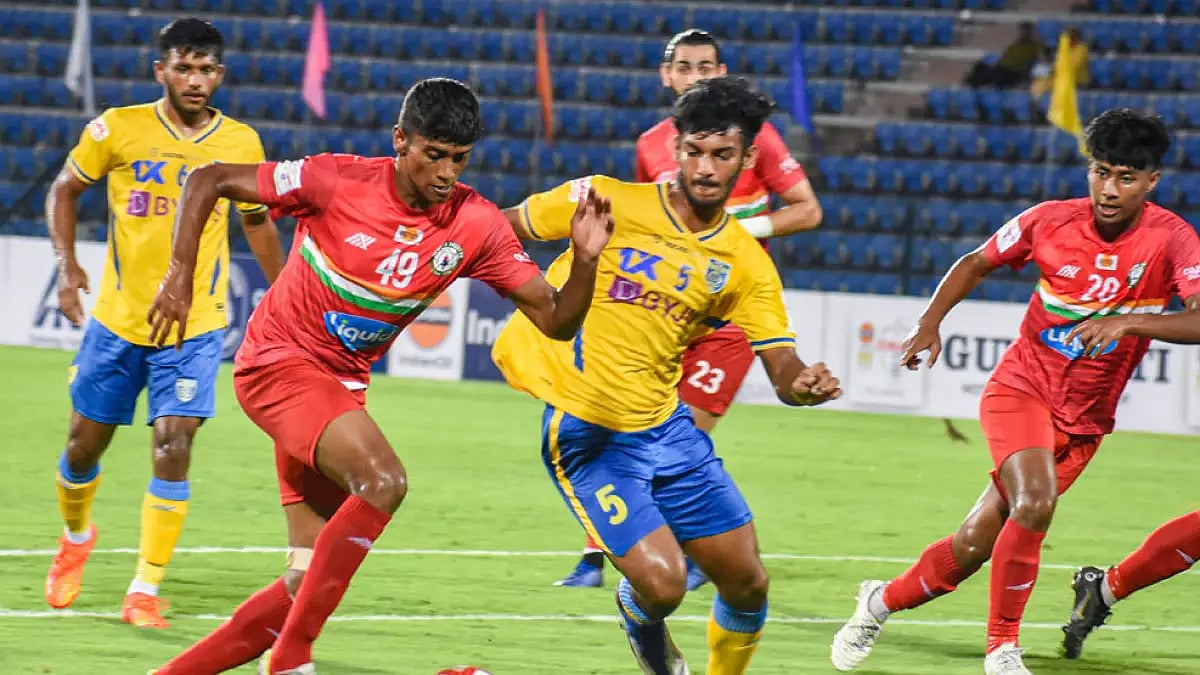 Kerala Blasters and Sudeva Delhi players in action during their Durand Cup match.