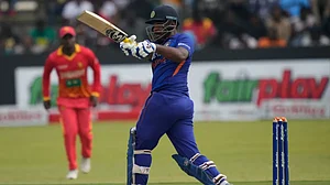 India's Sanju Samson pulls a shot against Zimbabwe in the second ODI.