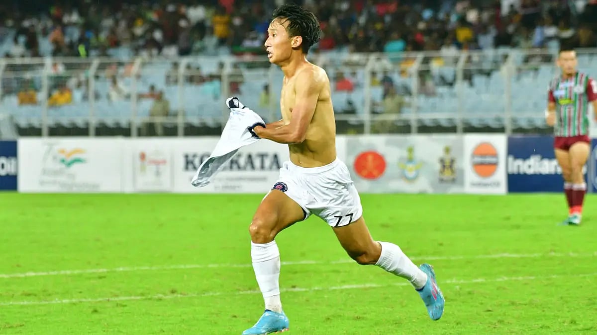 Gyanman Niukm of Rajasthan United celebrates after scoring the winner against ATK Mohun Bagan. 