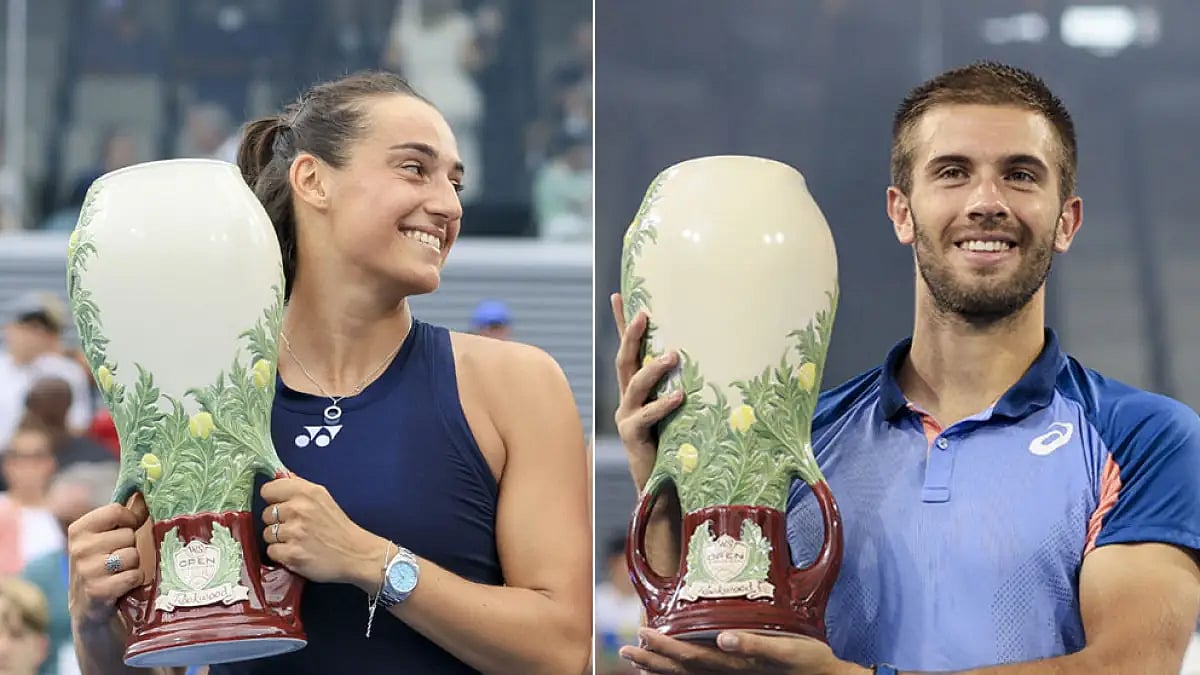 Caroline Garcia and Borna Coric pose with the trophies.