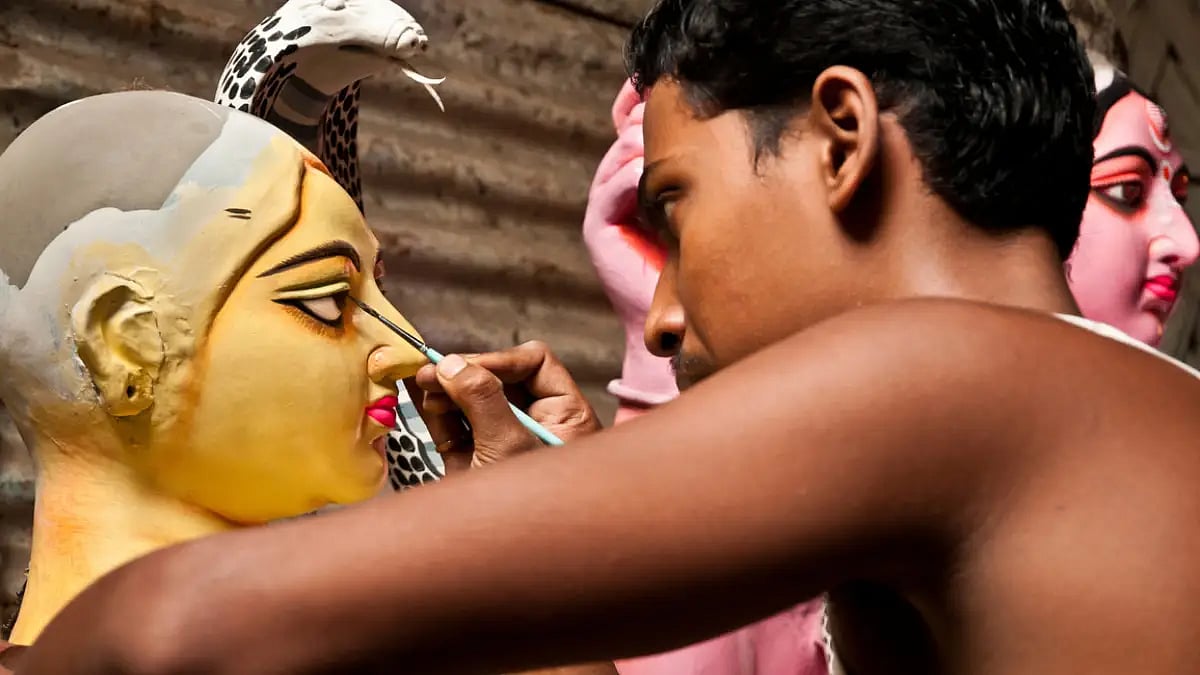 An idol of Durga being worked on at Kumartuli