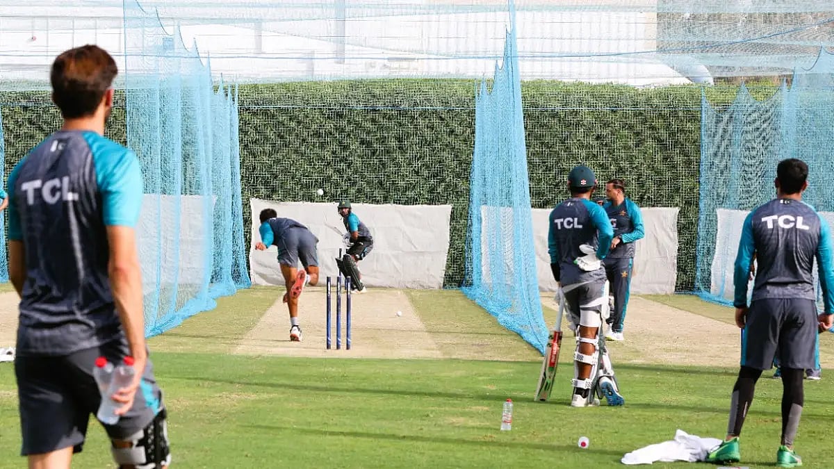 Pakistan players train at the nets ahead of the Asia Cup 2022.