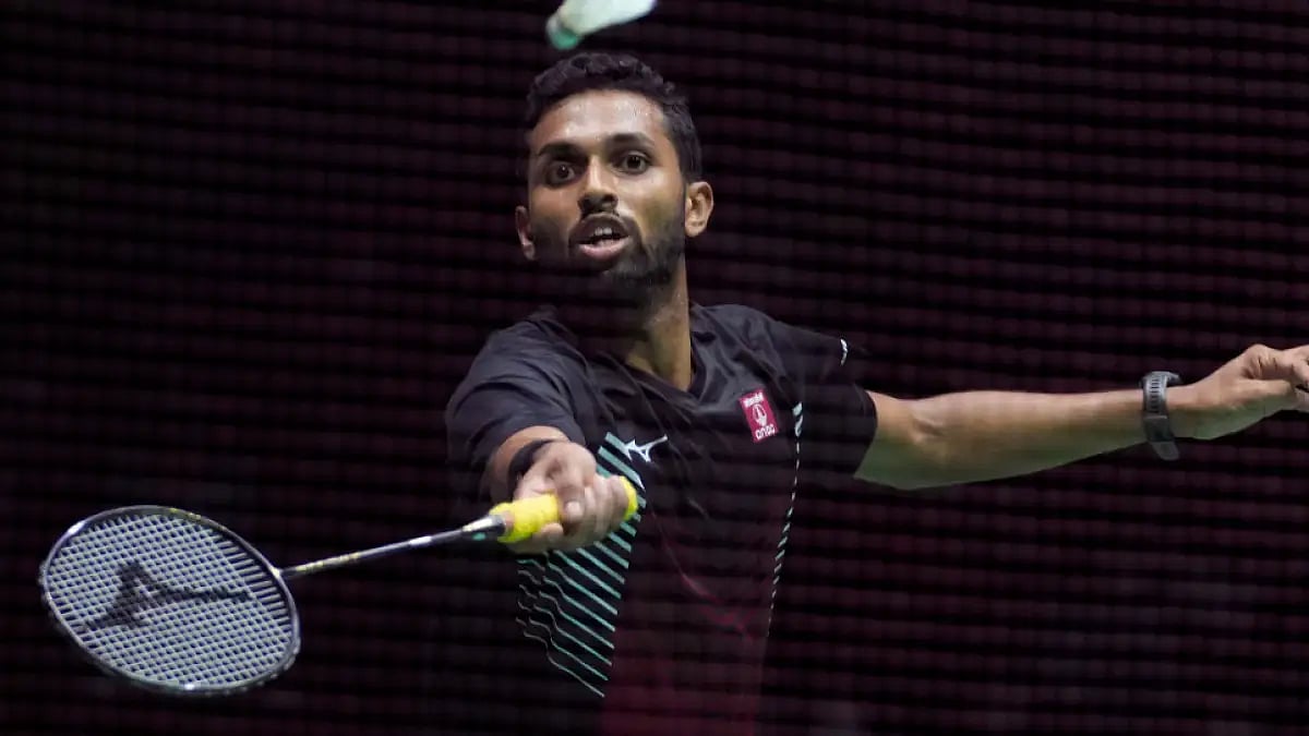 HS Prannoy plays a return against Lakshya Sen during men's singles tie at BWF World Championships.