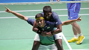Indias Satwiksairaj Rankireddy and Chirag Shetty after beating Japans Takuro Hoki and Yugo Kobayas