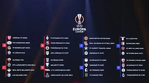 The groups and club names are displayed on the screen at the end of the Europa League draw in Istanbul, Aug. 26, 2022.