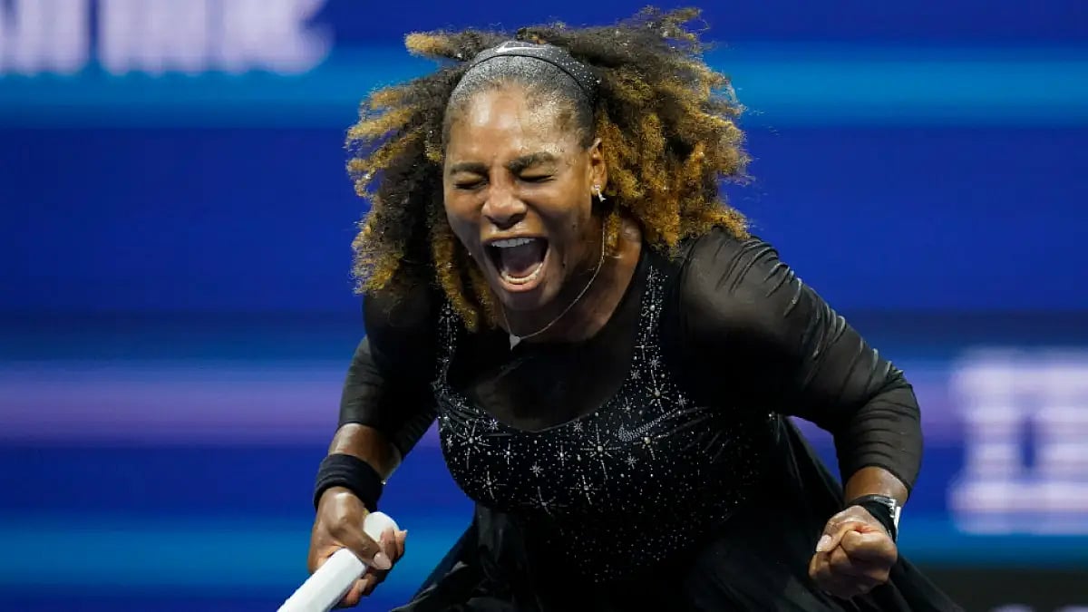 Serena Williams reacts after her US Open first round win on Monday.  