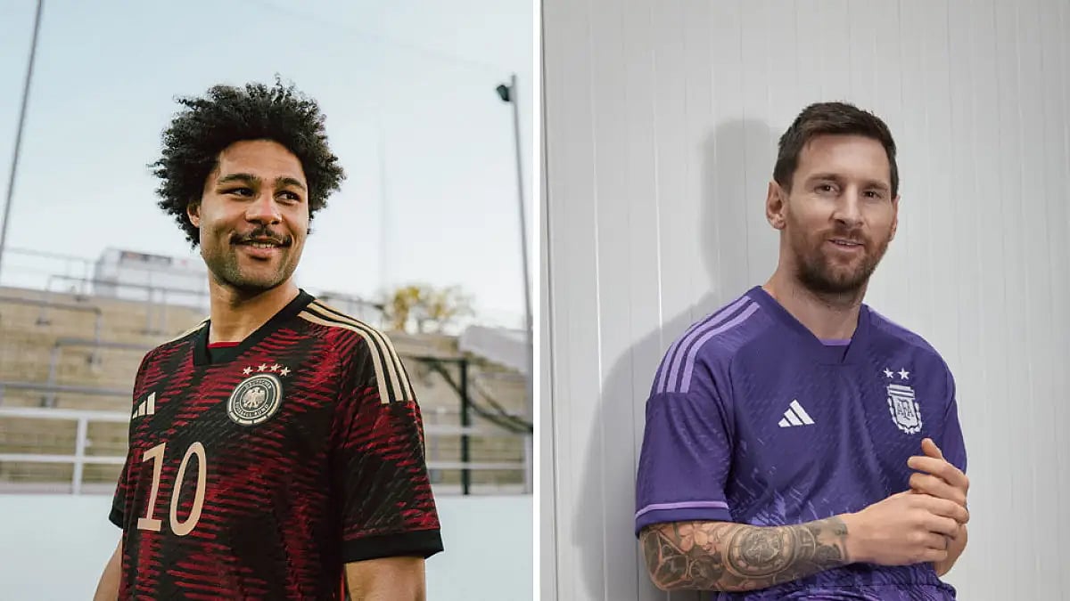 Germany's home kit features a vertical black stripe while Argentina will wear an all-violet away uniform.