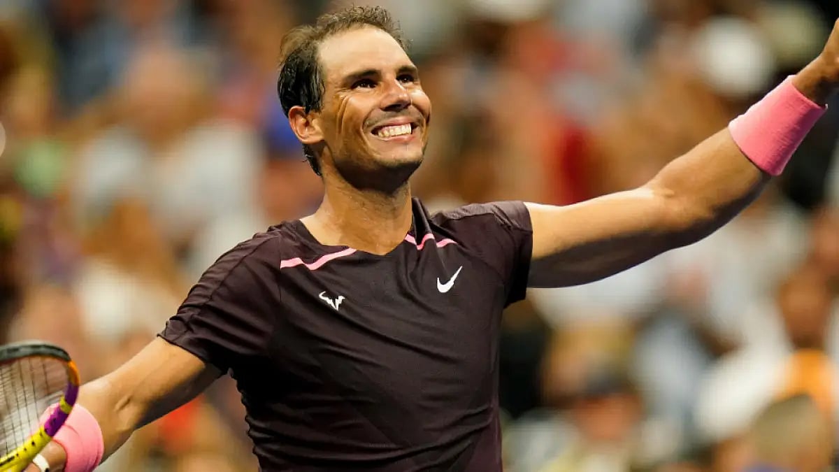 Rafael Nadal reacts after defeating Rinky Hijikatain US open first round in New York. 