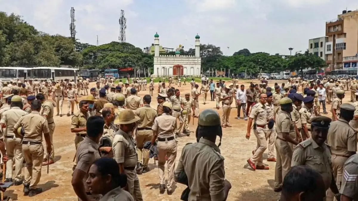 Police personnal deployed at the disputed Idgah Maidan, at Chamrajpet area in Bengaluru