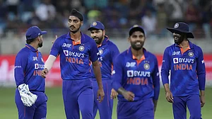 Indian players during their Asia Cup 2022 match against Hong Kong. Catch IND vs HK highlights. Photo: AP