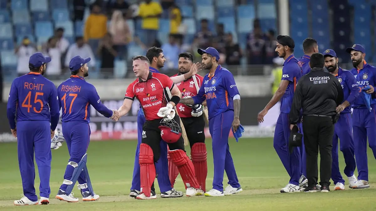 India and Hong Kong cricketers after the end of their Asia Cup 2022 match.