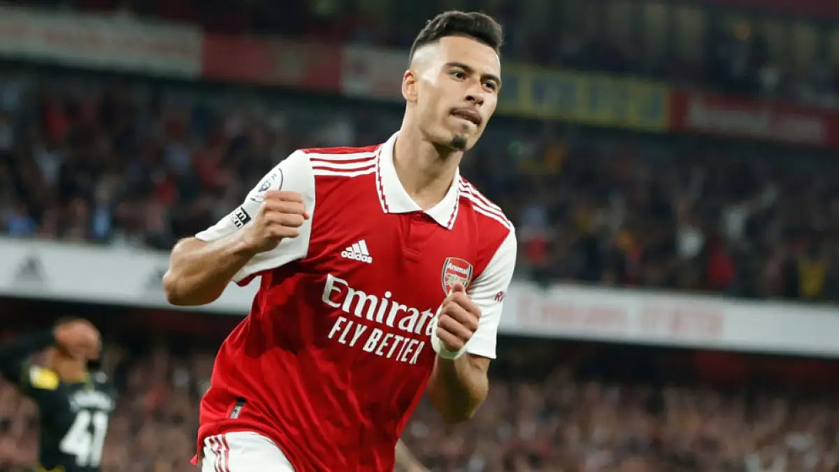 Arsenal's Gabriel Martinelli celebrates after scoring against Aston Villa at English Premier League.