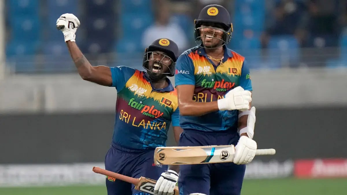 Sri Lanka Asitha Fernando and Maheesh Theekshana celebrates after the win over Bangladesh.