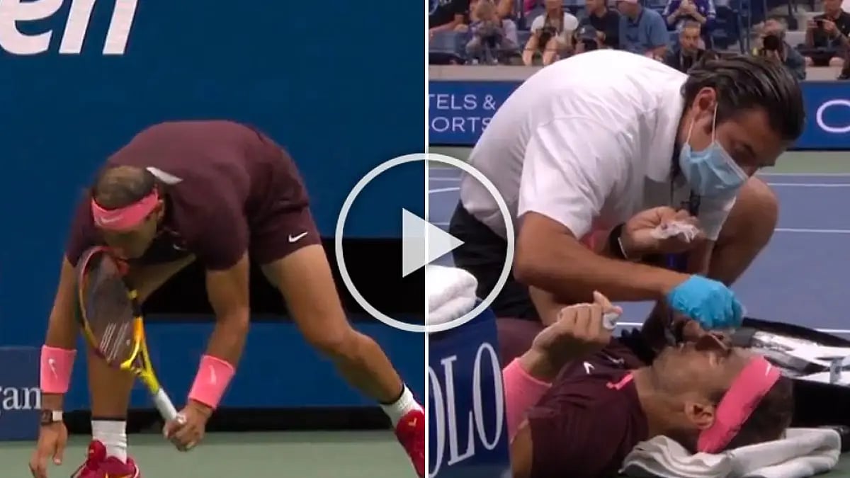 Rafael Nadal was moving to his right when he hit a backhand. After making contact with the ball, his racket deflected off the ground and smacked him on the nose.