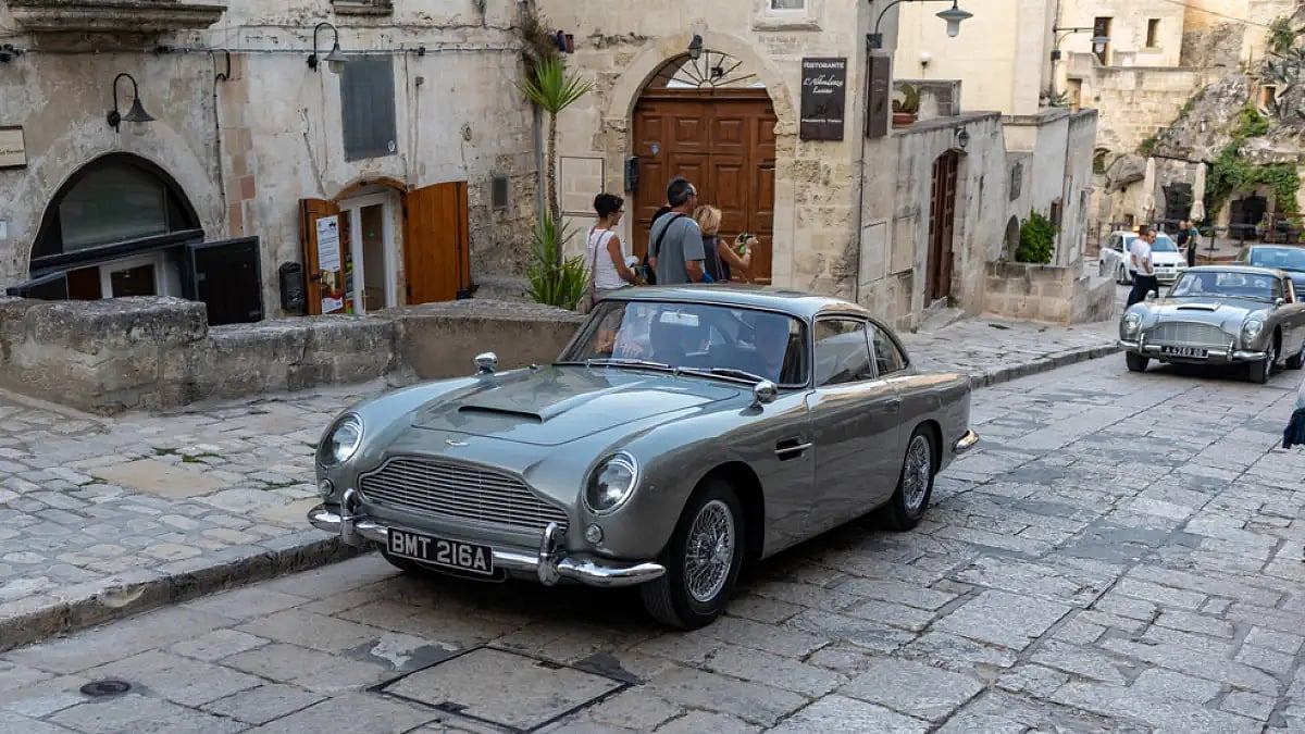 The Aston Martin DB5 used on the set of the latest James Bond movie No Time to Die in Matera, Italy